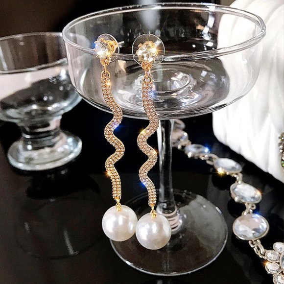 LARGE! 925 Silver Crystal Gold Pearl Stud Earrings - Picture 6 of 9